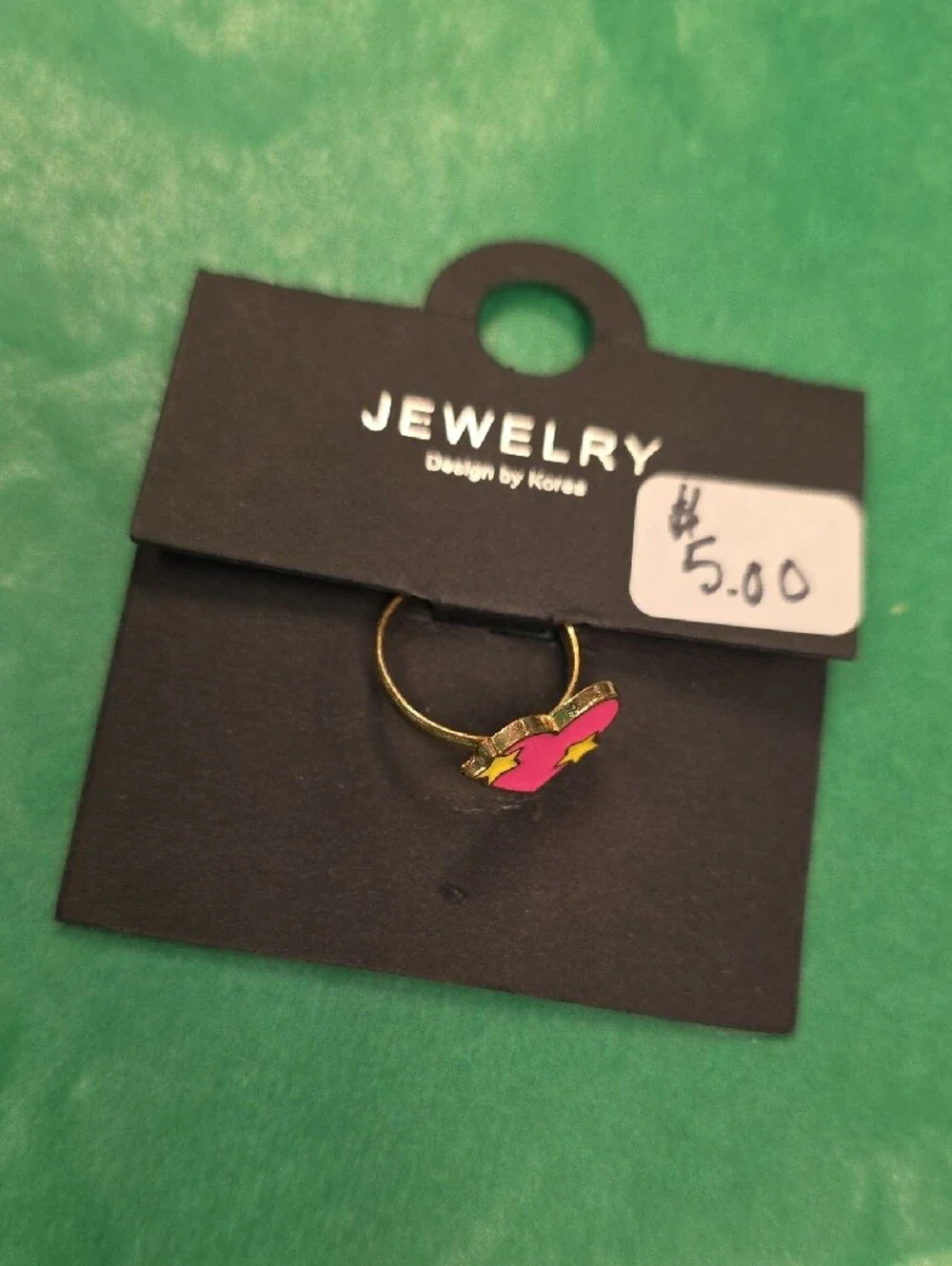 Gold-Tone Pink Heart Ring with Star Accents